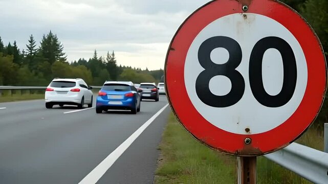 Cars moving along the highway next to a 80km/h speed limit sign, generative AI