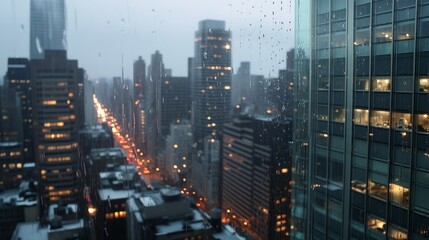 Obraz premium City lights glow in the distance through a rain-speckled window, capturing the essence of a bustling metropolis on a rainy evening.