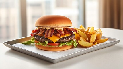 Foto de restaurante moderno com bandeja de fast food com hambúrguer gourmet e fatias criadas com a tecnologia Generative AI