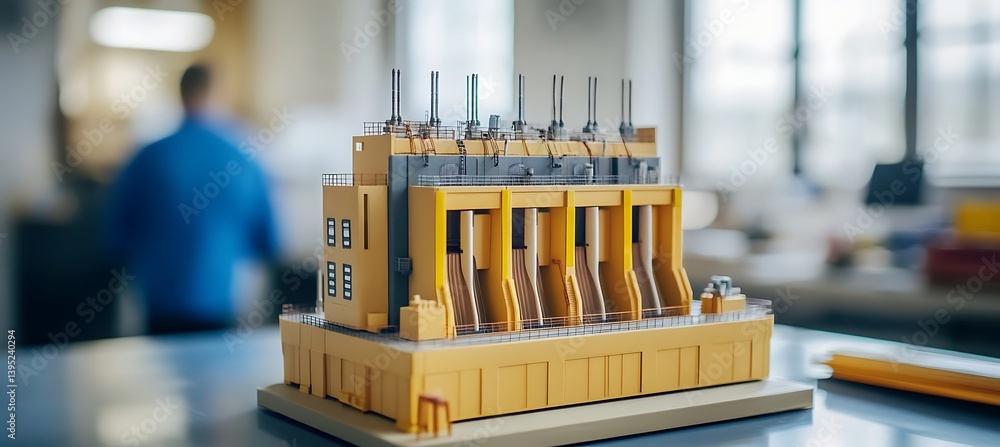 Poster a model of a hydro power station displayed on an office table in a bright, modern office environment