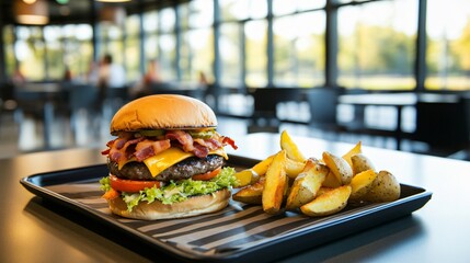 Visão de ângulo amplo de uma bandeja de fast food com hambúrguer e fatias em um restaurante moderno, criada com a tecnologia Generative AI