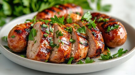Grilled Sausages with Fresh Herbs on a White Plate
