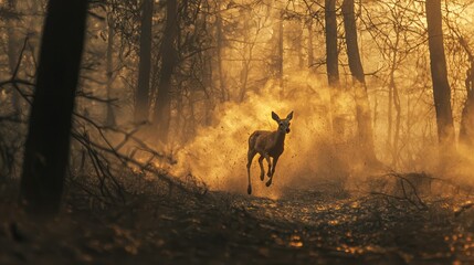 A deer running through a smoky forest trying to escape.