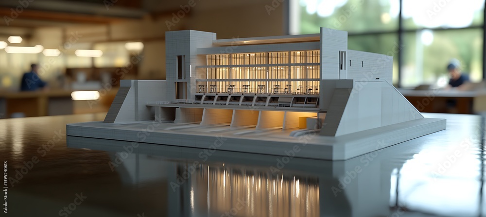 Poster a realistic hydro power station model placed on a tidy office table with soft lighting in a contempo
