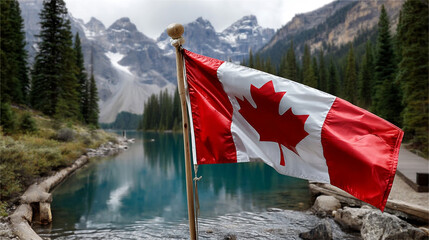 Canadian flag proudly waving by a serene turquoise lake nestled amidst majestic Canadian Rockies mountains under a soft natural light creating a breathtaking view