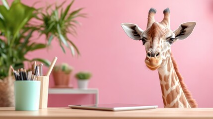 Giraffe Peeking Over Desk in Modern Workspace with Pink Background