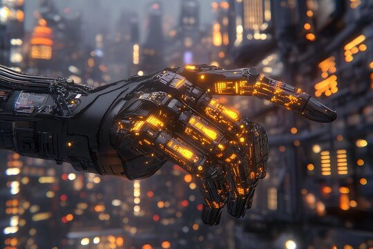 A close-up of a futuristic robotic arm assembling glowing parts into a device, surrounded by soft ambient lighting and glowing data projections. 