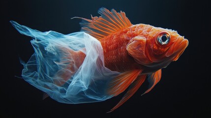 Fototapeta premium red fish entangled in plastic bag