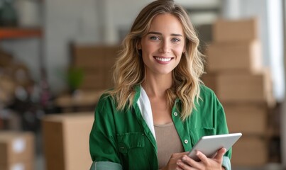 Smiling woman with tablet in warehouse managing inventory