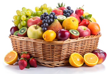 fresh fruits wicker basket on white