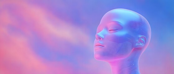 Obraz premium Human head sculpture with closed eyes against a pastel colored abstract background.