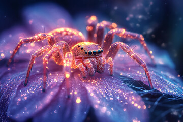 Generative AI close up of a fantastical spider with vibrant neon colors, glowing lights, and surreal bokeh background in a magical setting