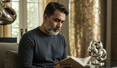 A thoughtful man reads a book, absorbed in a tranquil moment