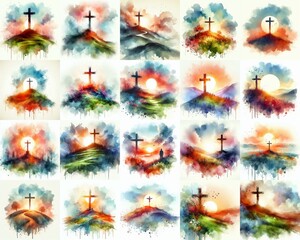 Cross on the hill. Watercolor drawing. AI generated illustration