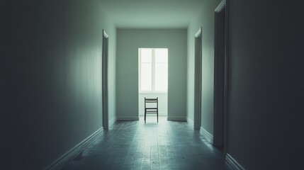 Fototapeta premium A solitary wooden chair in a dimly lit hallway evokes a sense of mystery and contemplation, with soft light streaming through a distant window.