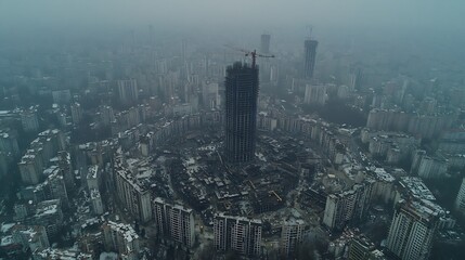 Naklejka premium Tower under construction, cranes at work, central city view, aerial angle, cloudy sky backdrop for real estate ads