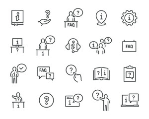 Icon Set "FAQ  Support": question mark, person with hint, info in gear, icons for use.