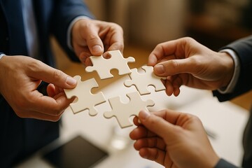 Assembling the Vision: A team collaborates, piecing together puzzle pieces, symbolizing the integration of strategies and teamwork in a corporate setting.