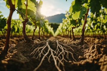 Grape vine roots thrive in fertile vineyard soil under evening sun Generative AI