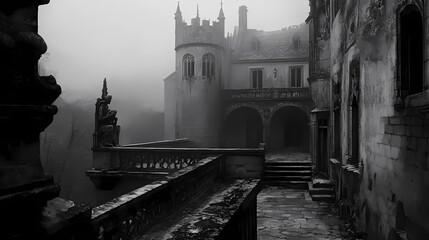 Fog-filled, ancient castle courtyard with decaying walls and eerie gargoyles, spooky ambiance heightened by faint whispers in the wind. Deepborn Ruins. Illustration