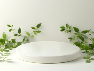 Elegant White Showcase Stand with Botanical Leaves for Product Presentation, white plate with green leaves