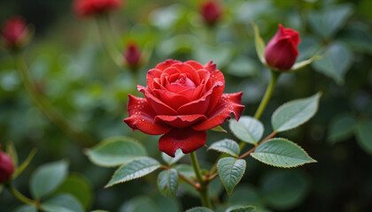 Red rose blooming in a lush green garden, Wet rose, Rose Festival 