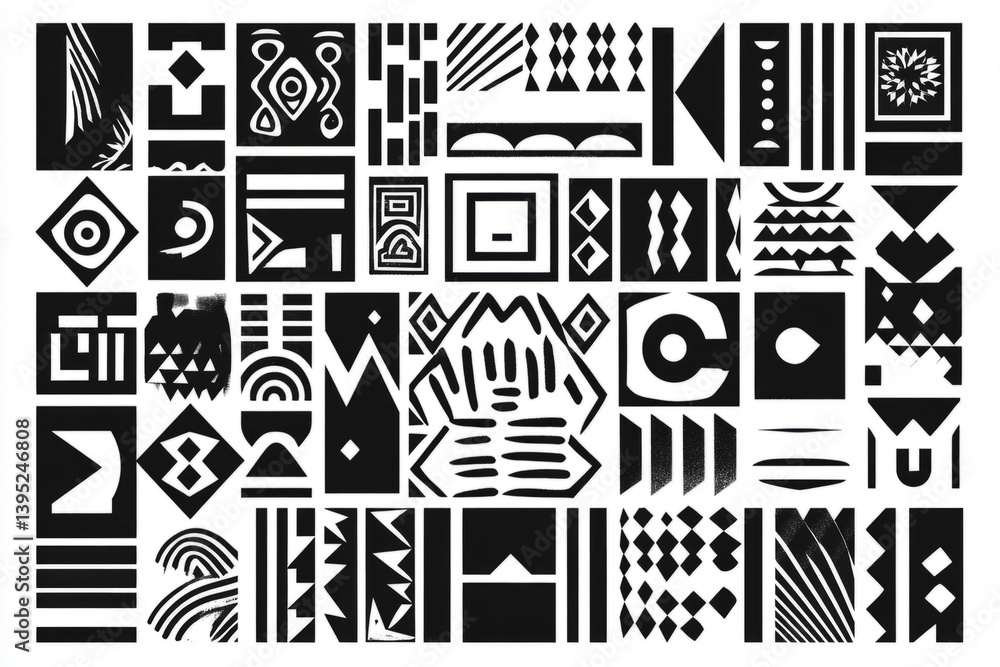 Poster intricate arrangement of black and white geometric shapes forming a modern and visually striking abs