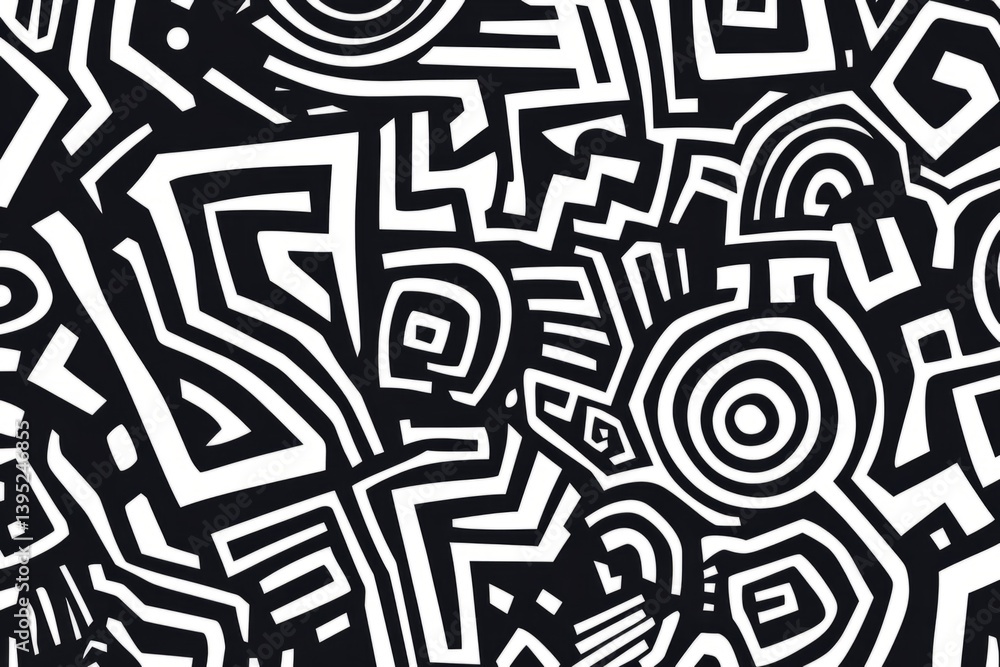 Poster bold lines and geometric shapes intertwining to form a captivating black and white abstract pattern