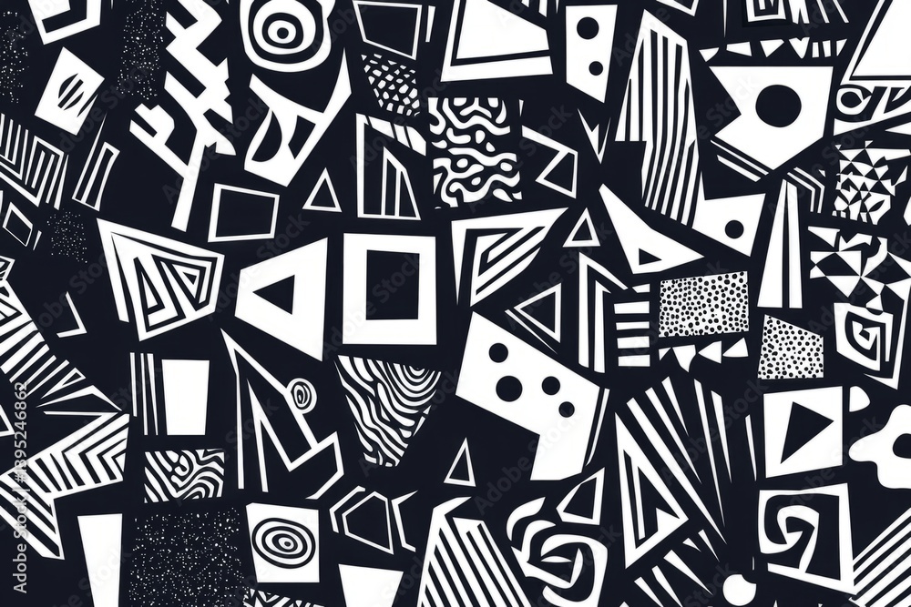 Poster geometric seamless pattern featuring black and white shapes, creating a visually striking abstract d