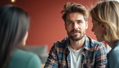 A young man with a stylish beard and tousled hair engages in a lively discussion with two women in a warm, inviting café setting. The intimate atmosphere, highlighted by soft lighting and a rich red