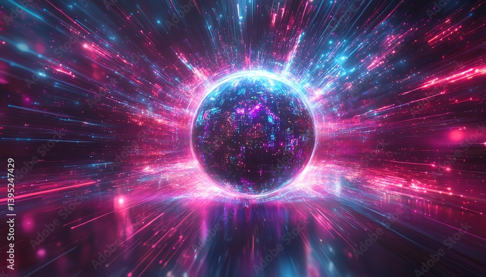 Aufkleber Glowing globe surrounded by digital rays representing artificial intelligence, futuristic data flows, computergenerated imagery, hightech digital world concept