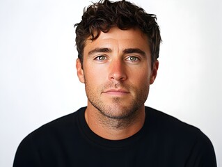 Obraz premium A handsome young man with curly brown hair and green eyes stares intensely at the camera in a studio portrait against a plain white background.