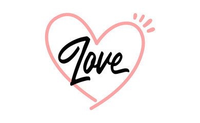 Love word text with doodle linear heart on the background.