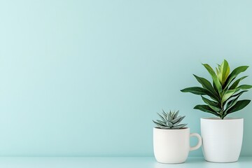 Fototapeta premium A white coffee cup sits next to two potted plants on a blue wall. , with ample copy space for text.