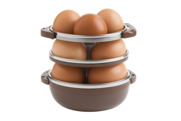 Six fresh brown eggs nestled in a stylish three tiered egg container against a black background with a sleek modern