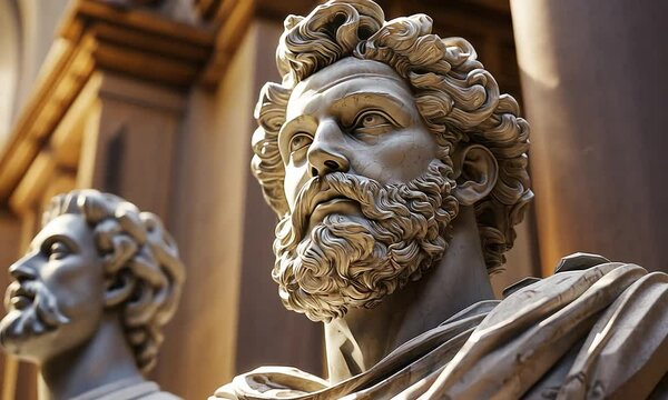 Two classical marble statues of ancient figures in a grand architectural setting with soft lighting