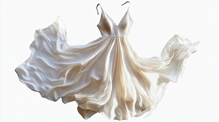 Flowing ivory silk dress, A-line, sleeveless, V-neck.