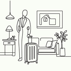 Minimalistic One Line Art Business Traveler in Modern Living Room with Suitcase