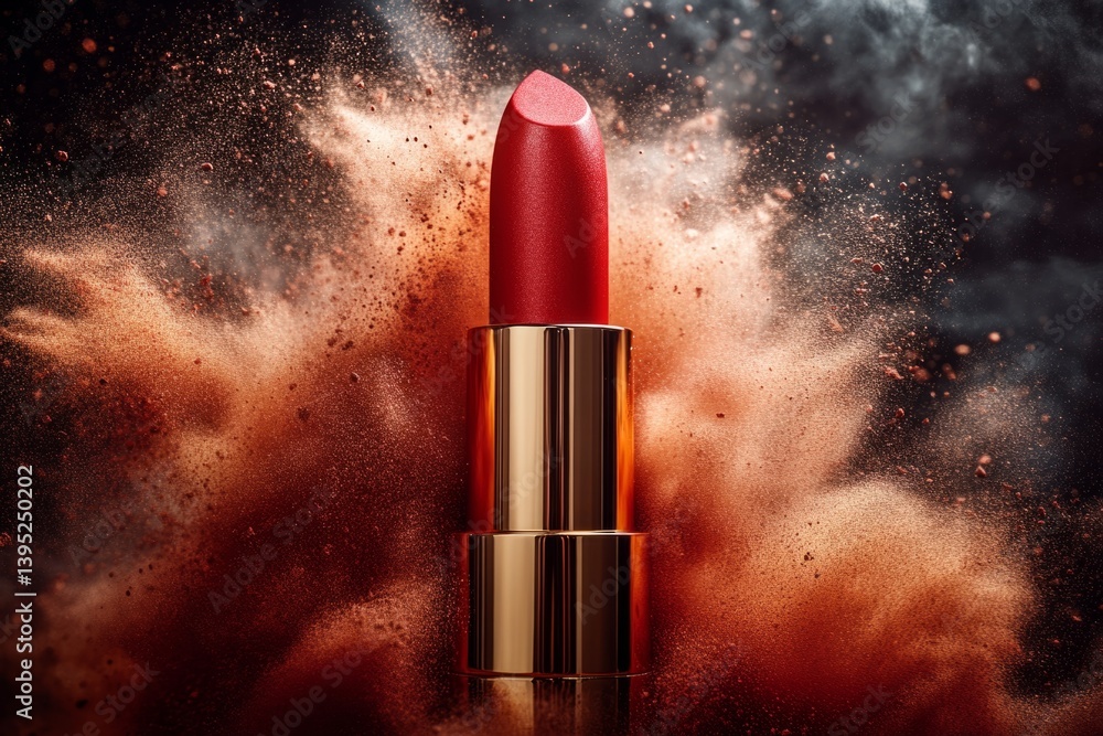Poster red lipstick exploding with colorful powder on a dark background, creating a vibrant and dynamic bea