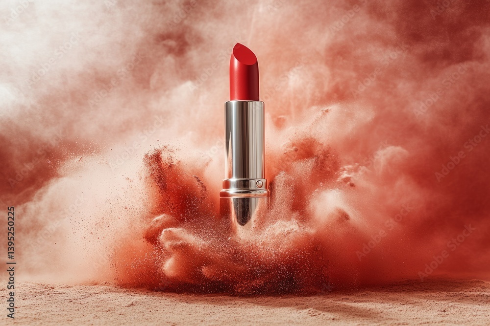 Poster red lipstick exploding from a cloud of powder on a beige surface, creating a dramatic and vibrant ma