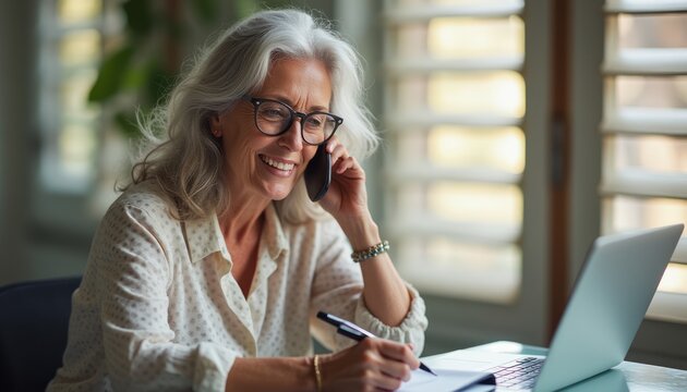 A joyful elderly woman with silver hair and glasses smiles brightly as she engages in a phone conversation, jotting down notes beside her laptop. This warm scene captures the essence of connection and