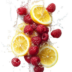 Raspberries and Lemon Slices Bursting with Sweet and T Isolated on Transparent Background