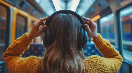 Young caucasian female wearing headphones on train journey