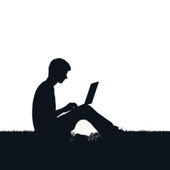 Silhouette of Person Working on Laptop Outdoors - Digital Nomad Concept in Flat Art