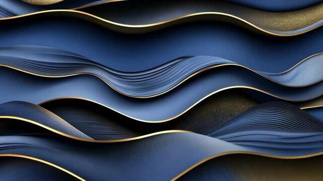 Sophisticated abstract background featuring layered flowing waves of navy blue and gold, creating a stylish, elegant texture.