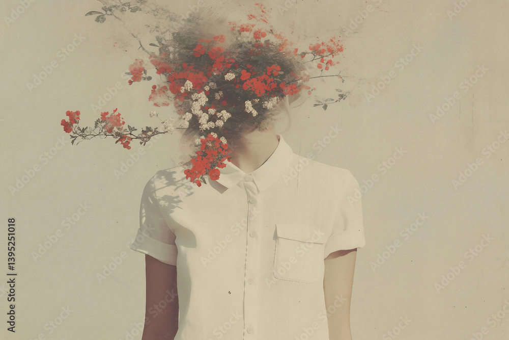 Poster generative ai retro style collage art featuring a woman with floral elements in a surreal spring com