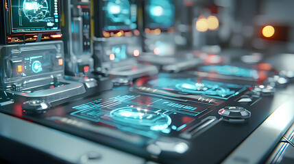 A close-up view of futuristic control panels featuring holographic displays, buttons, and glowing elements in a high-tech environment.