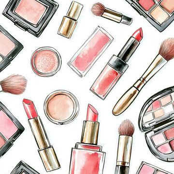 A hand-drawn watercolor illustration features a seamless pattern with cosmetic and makeup items, including brushes and tubes, set against a white background