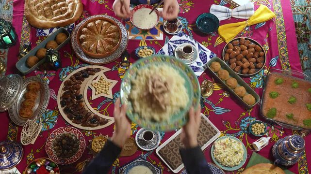 Ramadan Iftar Table Background Video, Muslim Family Having Dinner At Home, Iftar Table Turkish Traditional Food, Ramadan Background, Eid Mubarak Concept Video, Uskudar Istanbul, Turkiye (Turkey) 