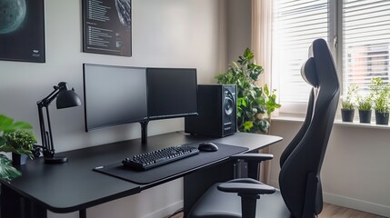 Black chair at table with computer monitor in bright home office interior with poster. Real photo.